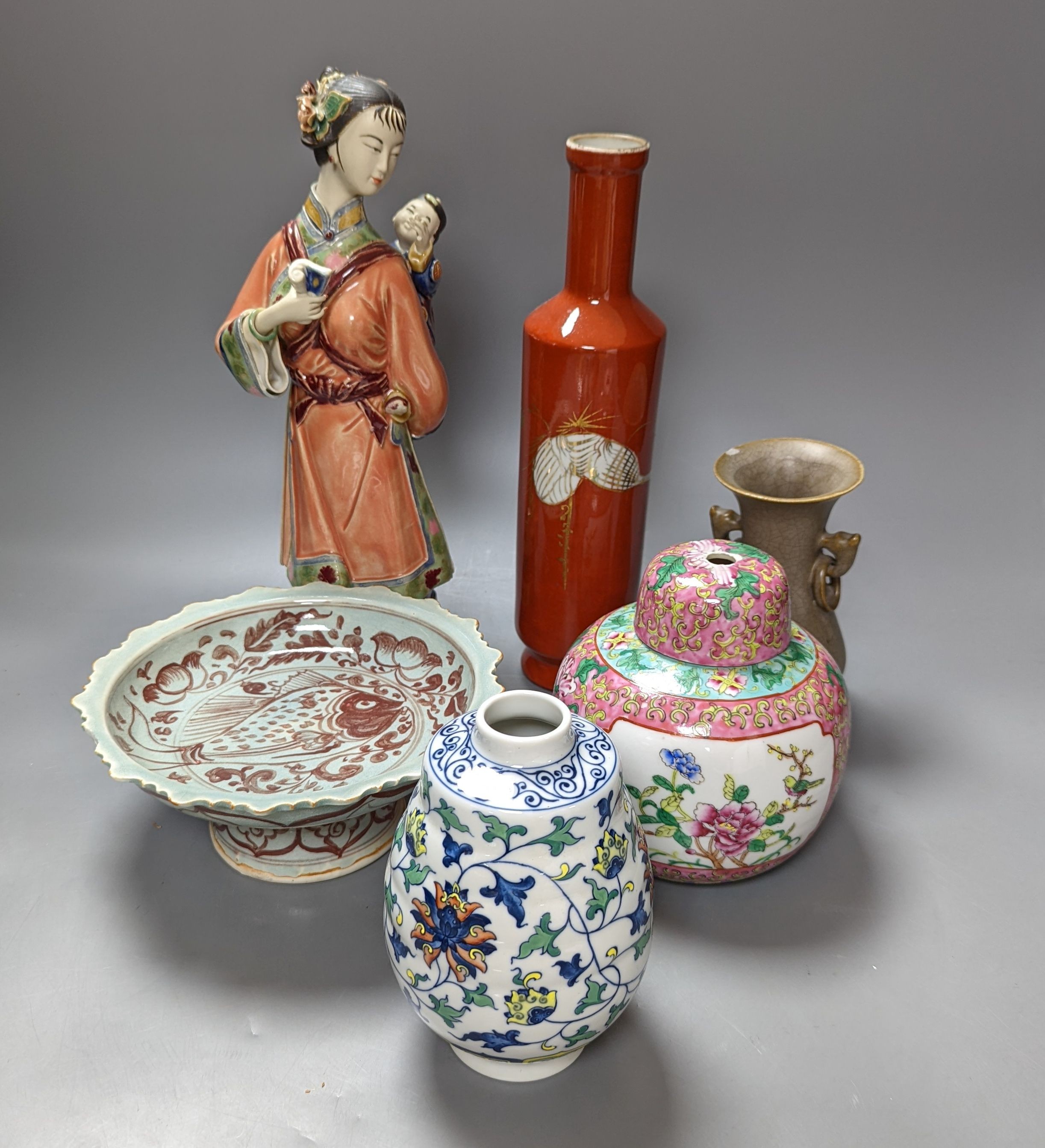 A Chinese porcelain figure group, four vases and a stem dish. Tallest 33cm